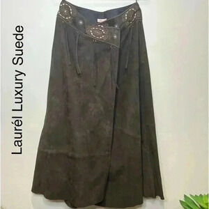 Laurél Luxury Brown Suede Fringe Embroidered Full  Maxi Skirt